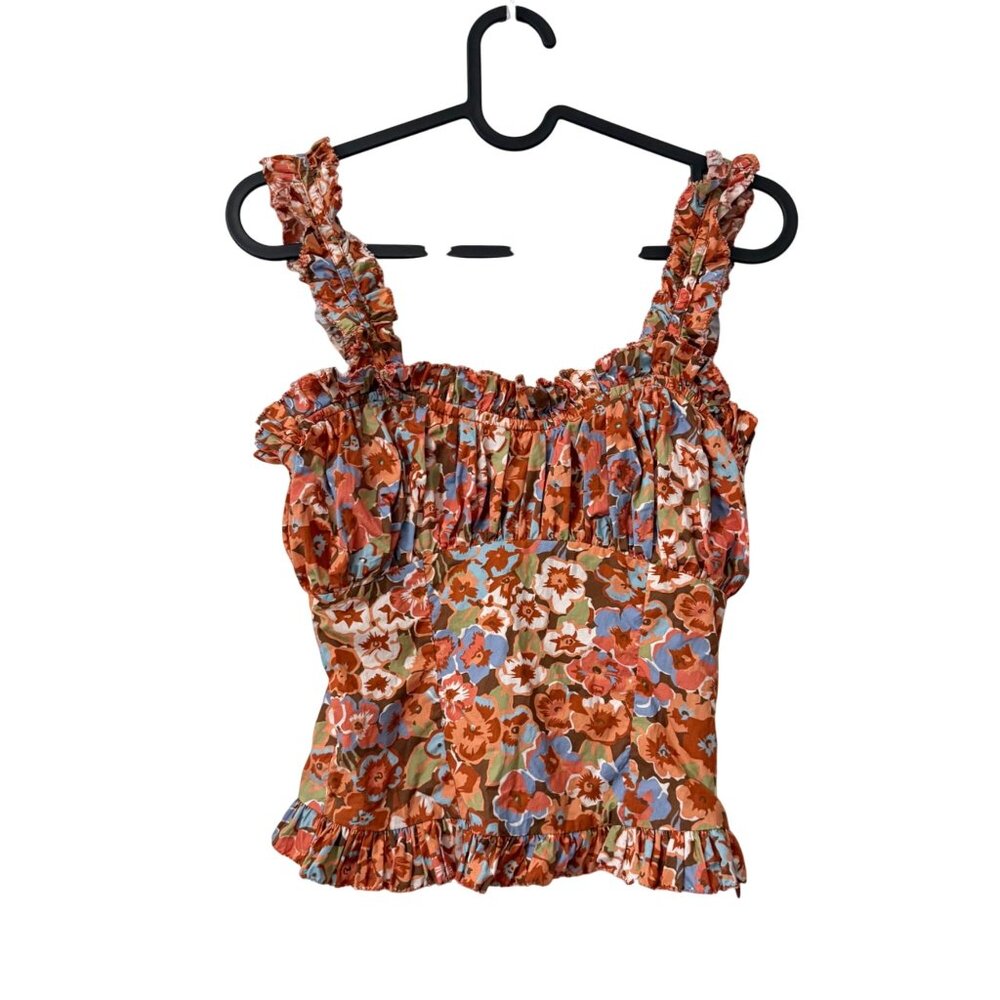 Love The Label Brown Floral Smocked Ruffle Tank Top Womens Size XSmall
